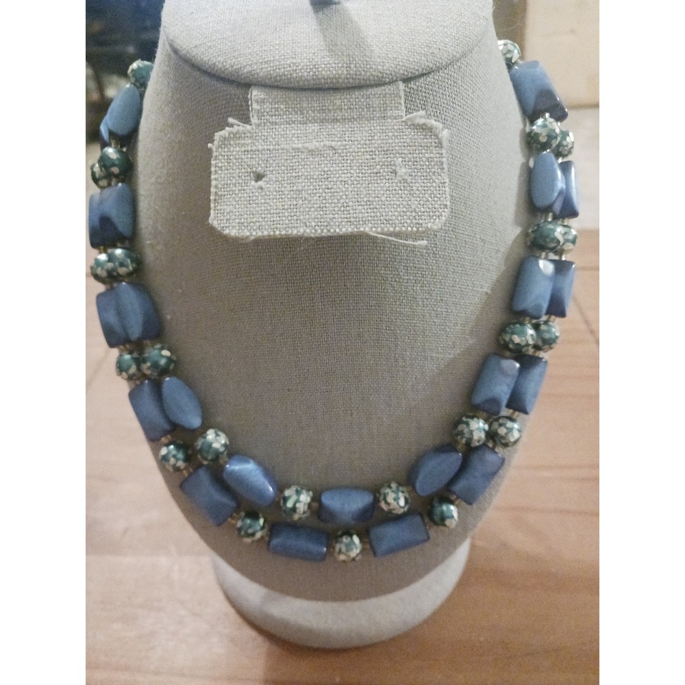 Vintage Japan Blue Bead Double Strand Necklace Teal Speckled Accents Hook Clasp